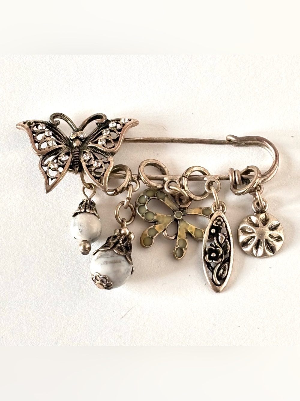 Pin brooch silver tone butterfly stones